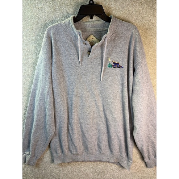 Habitat Wilderness Sweatshirt Mens XL Gray Henley Wolf Moon Embroidered Pullover - Picture 2 of 8